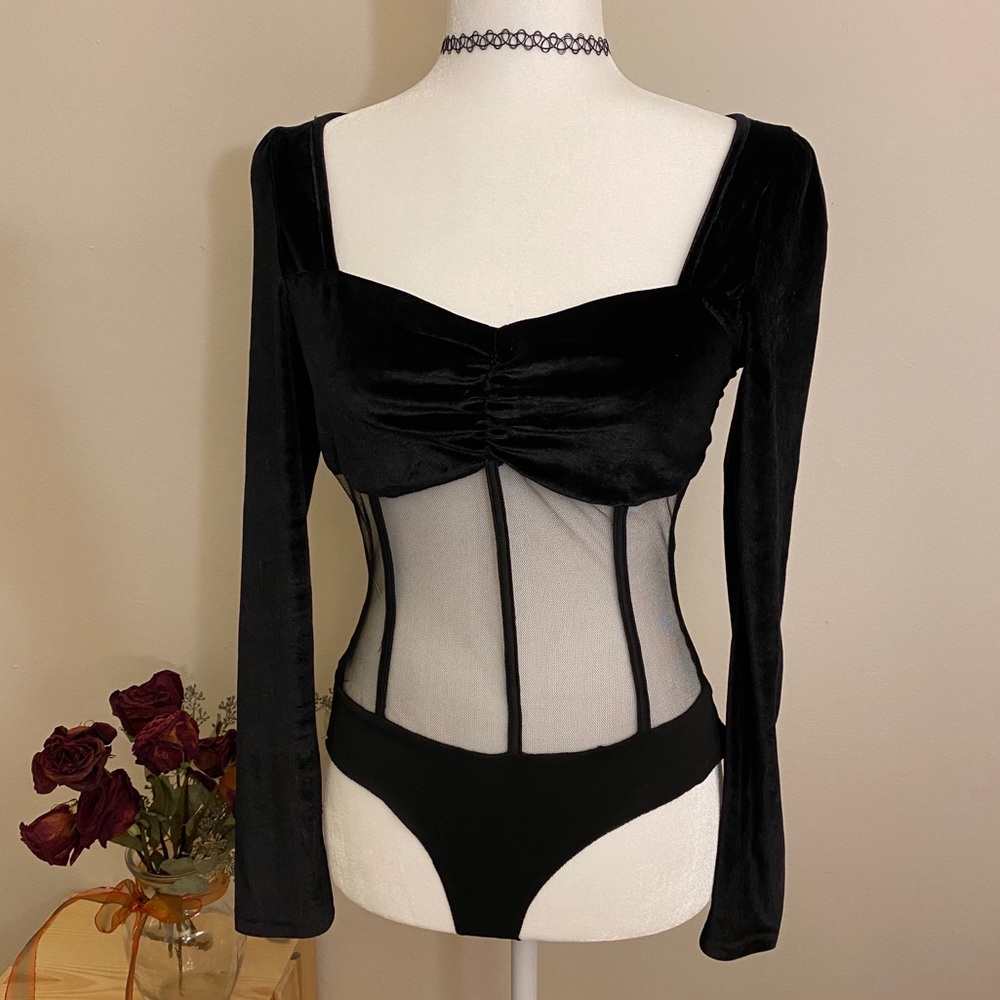 Black Velvet & Sheer Mesh Long Sleeve Bodysuit